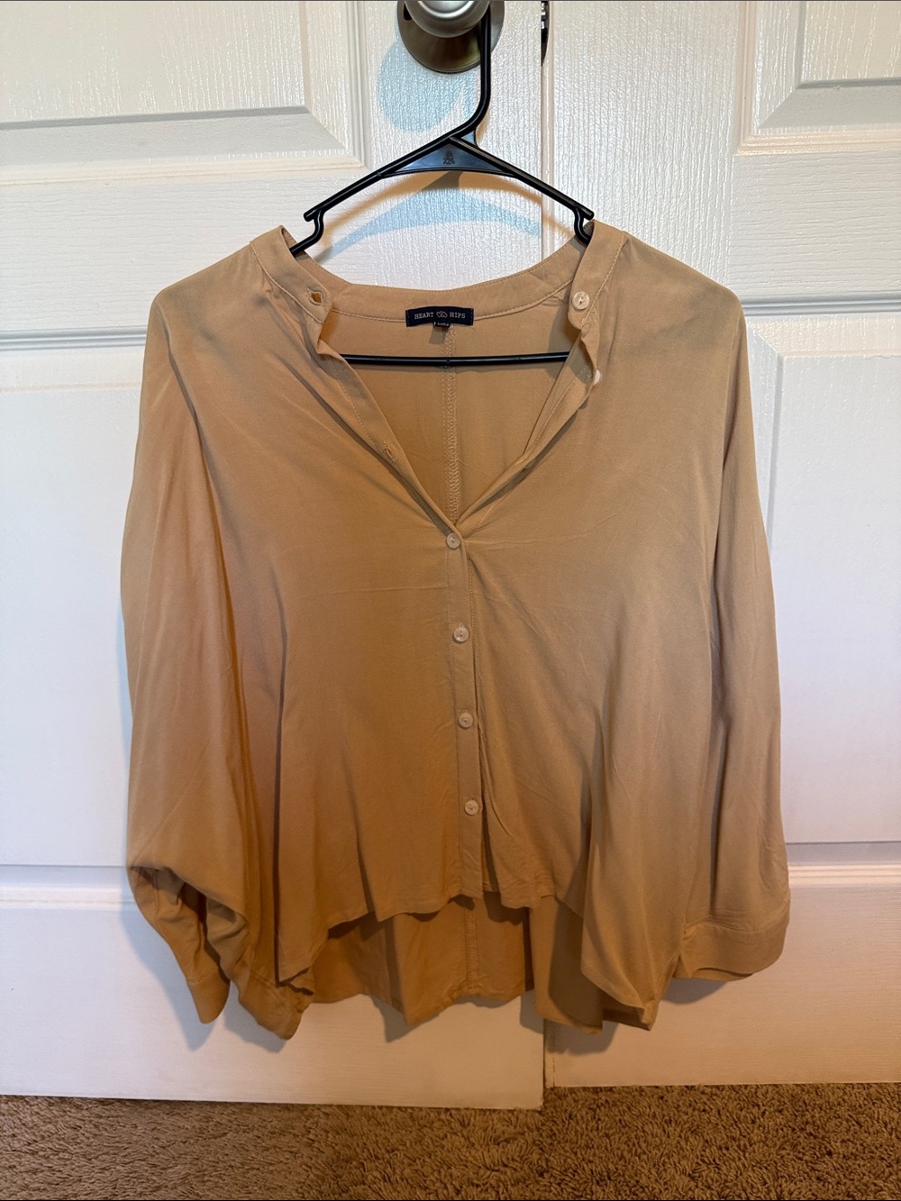 Heart Hips Tan Button-Front Draped Blouse